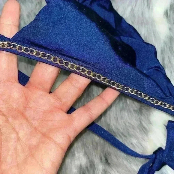 RARE Beach Bunny navy blue gold chain bikini top sz large - Picture 4 of 5